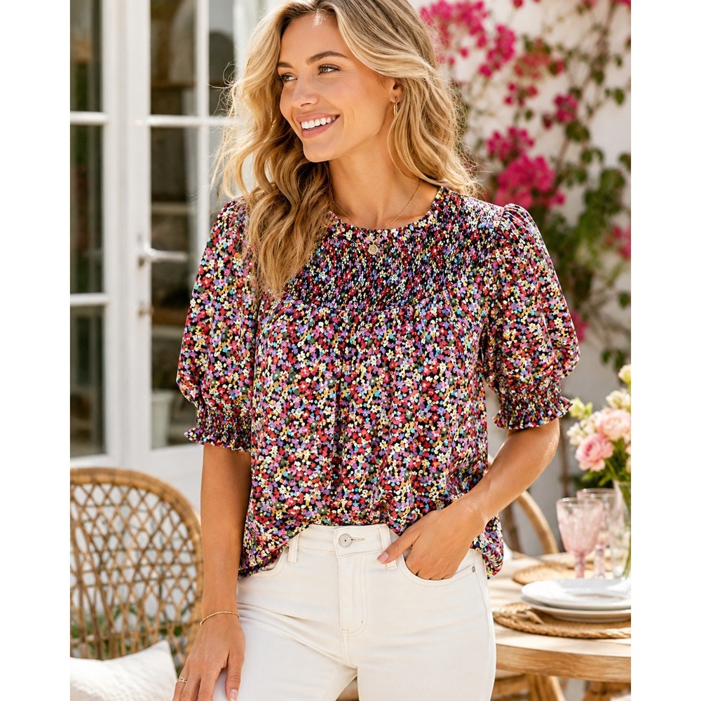 Crosby by Mollie Burch Floral Smocked Puff Sleeve Blouse L Multicolor